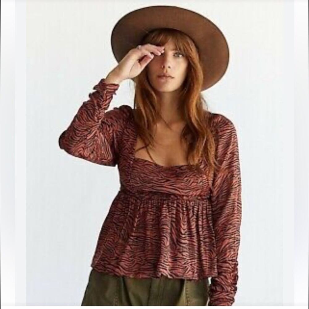 Free People Silent Rawr Babydoll Y2K Women Top size M Brown Tiger Striped Peplum